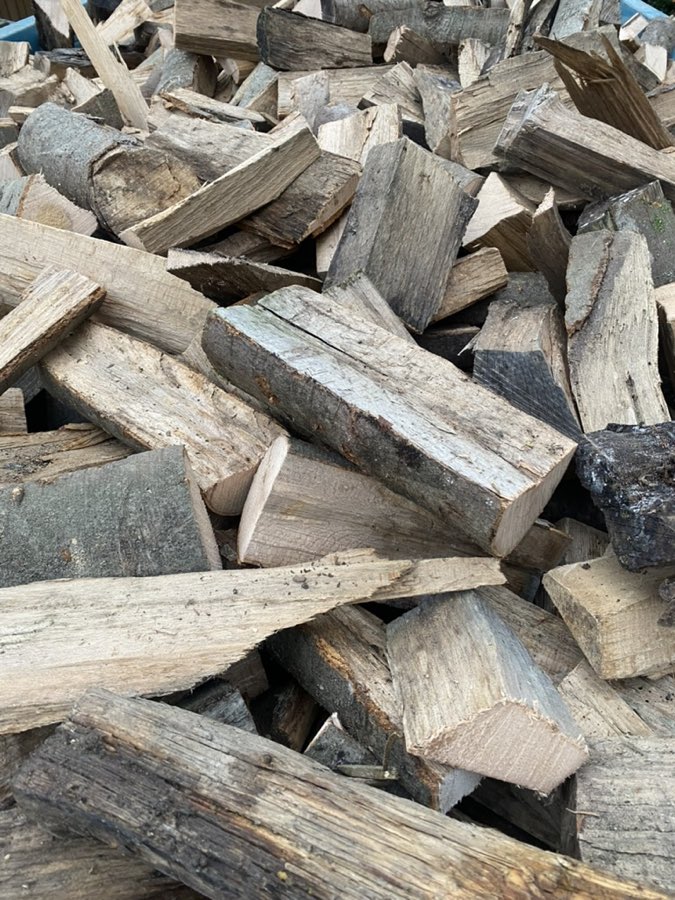 Ein Haufen frisch gespaltener Holzscheite in verschiedenen Größen