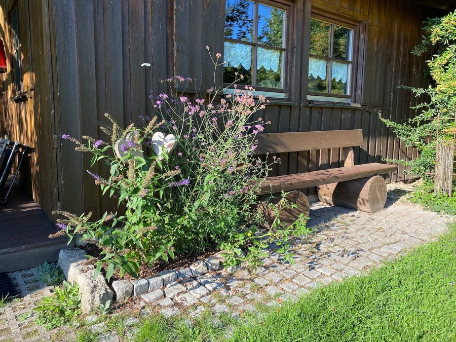 Rustikale Holzbank an der Hauswand neben blühendem Sommerflieder